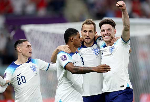 England celebrate a goal in their 6-2 win over Iran at the 2022 World Cup