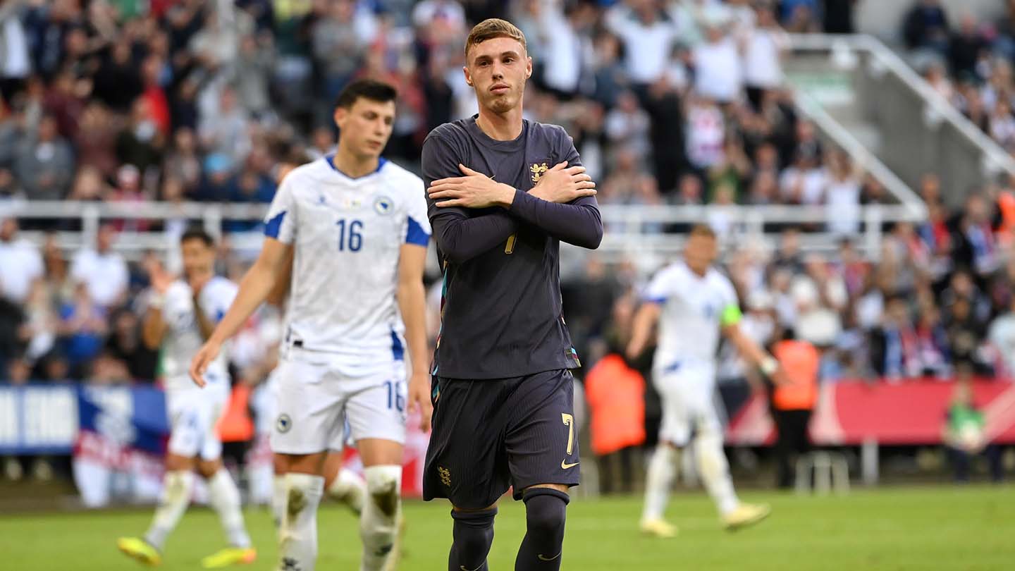 Cole Palmer celebrates his first England goal against Bosnia & Herzegovina