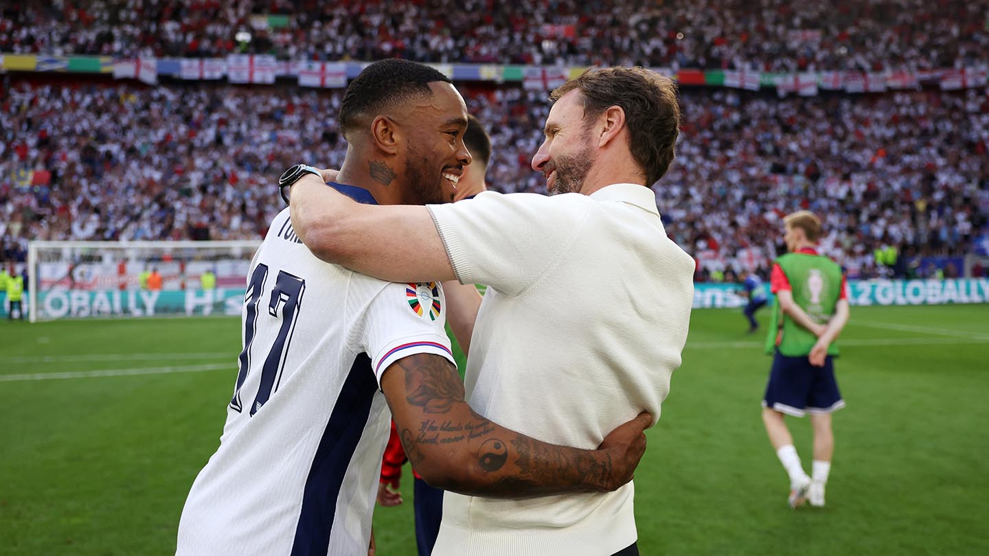 Gareth Southgate, Manager of England men's senior team, celebrates with Ivan Toney of England following victory during the UEFA EURO 2024 quarter-final match between England and Switzerland