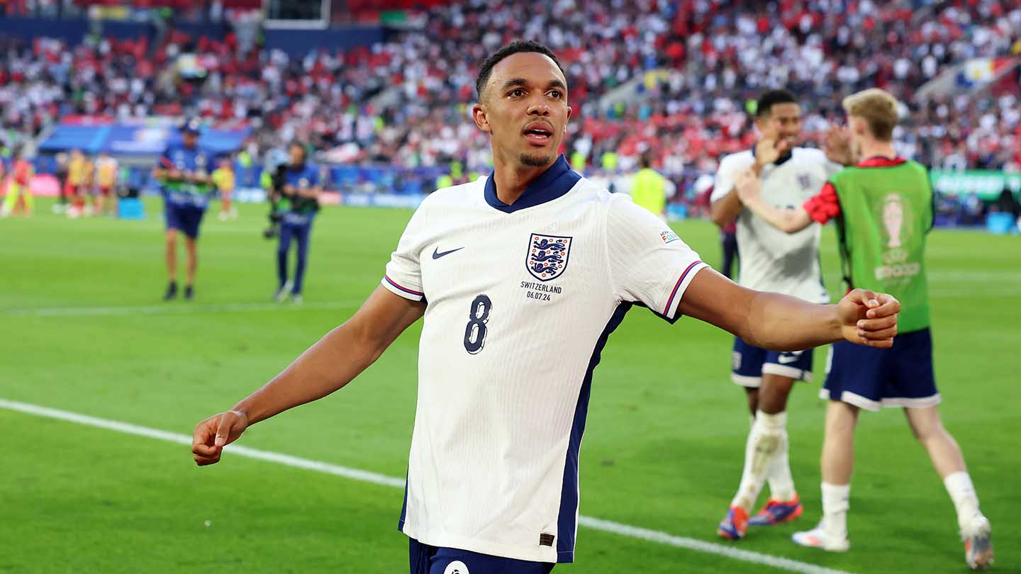 Trent Alexander-Arnold celebrates his winning penalty for England against Switzerland at EURO 2024