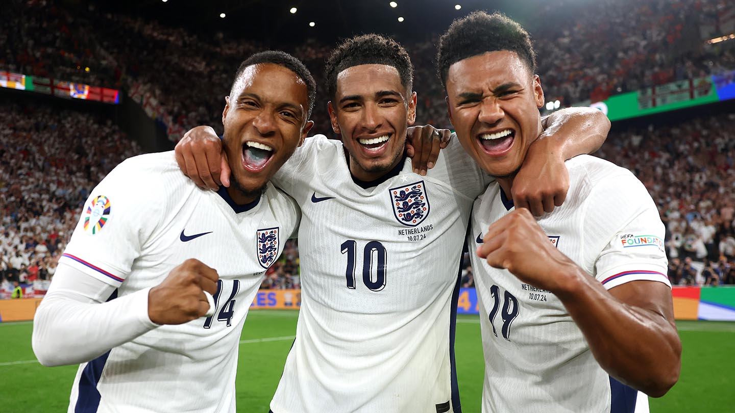 Ezri Konsa, Jude Bellingham and Ollie Watkins of England celebrate following the UEFA EURO 2024 semi-final match between Netherlands and England 