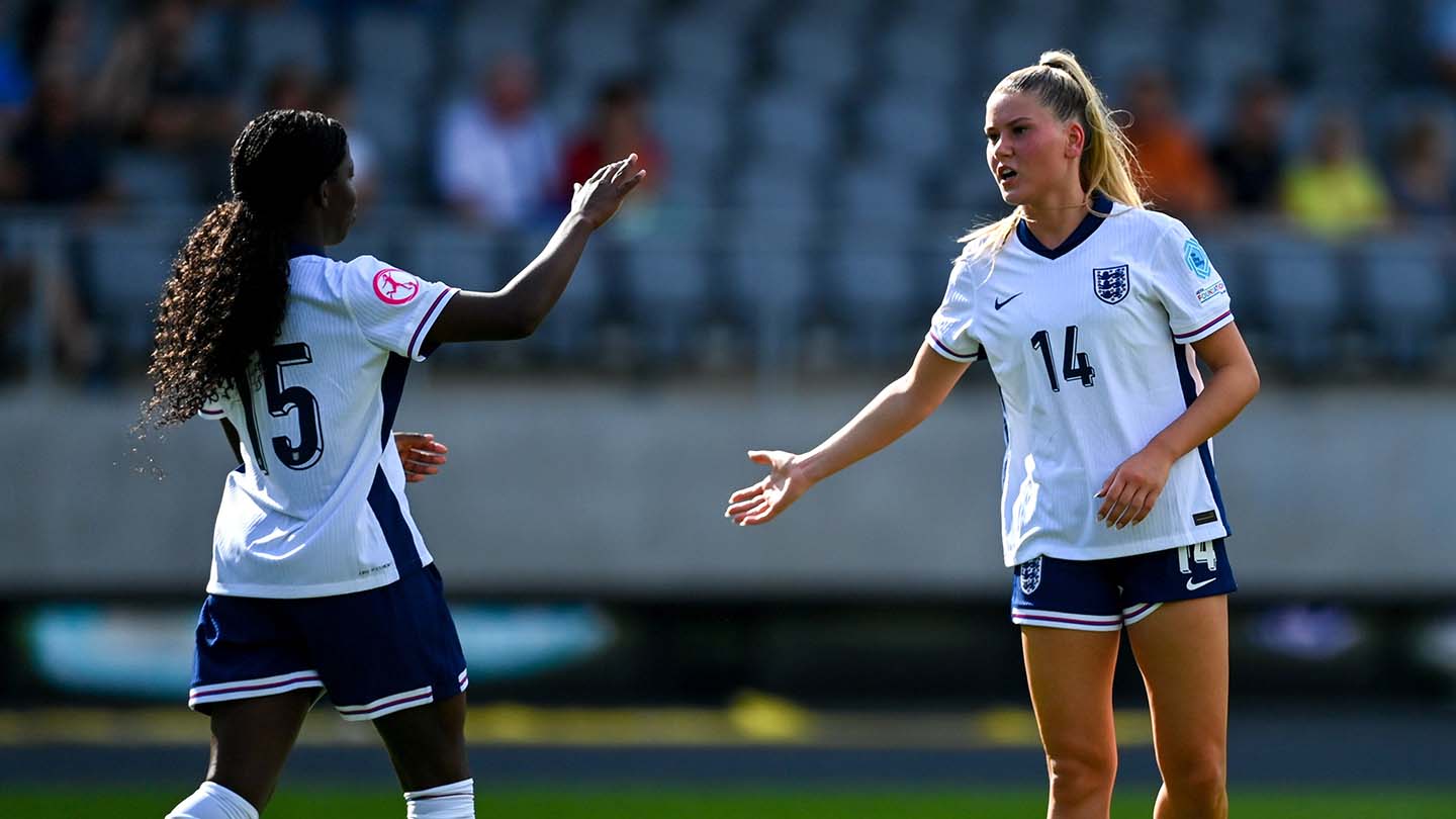 Vivienne Lia and Poppy Pritchard during England's win over Lithuania