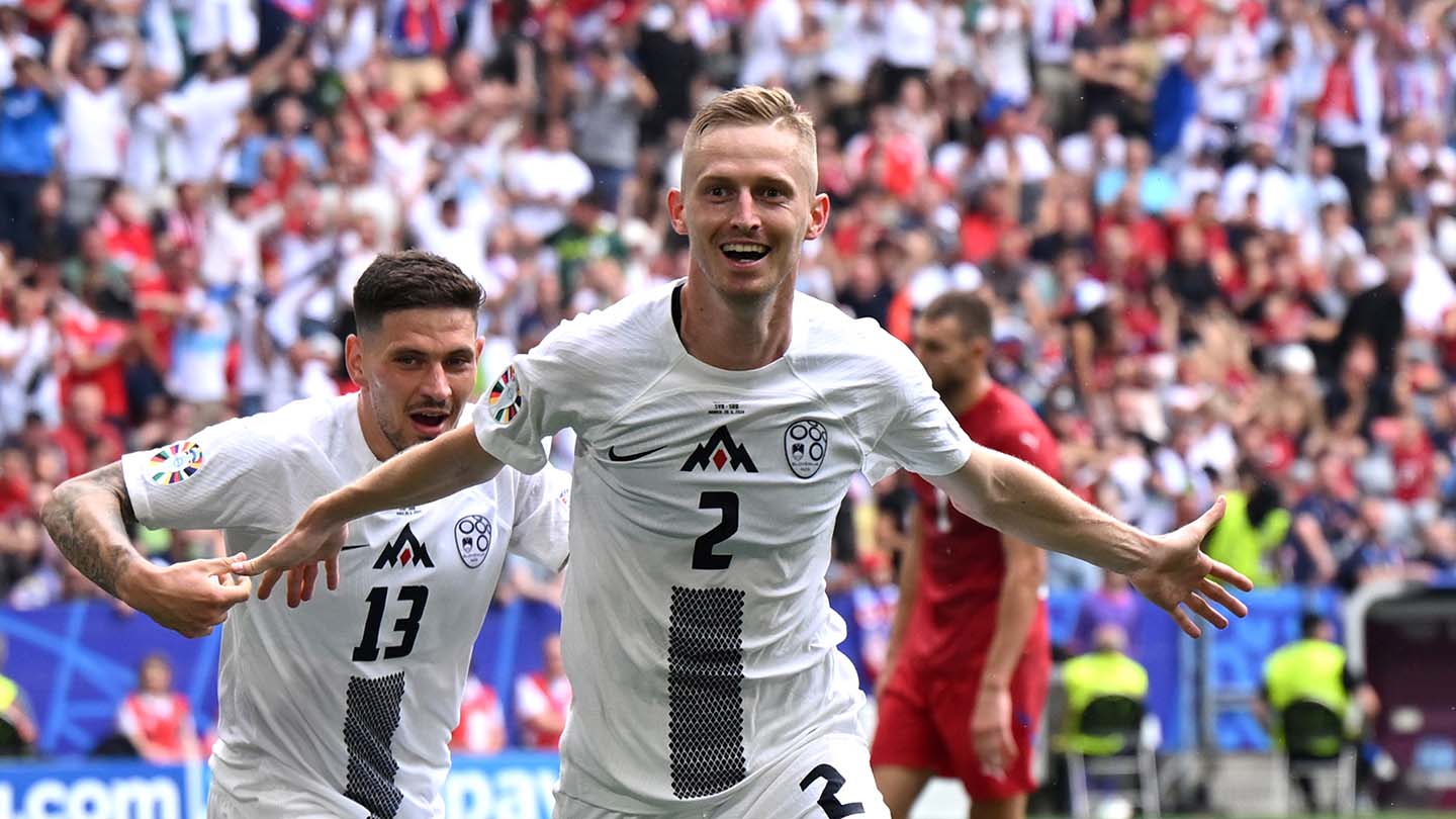 Zan Karnicnik of Slovenia celebrates scoring his team's first goal during the UEFA EURO 2024 group stage match between Slovenia and Serbia at Munich Football Arena